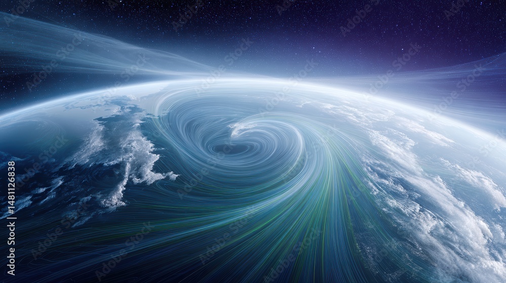Poster a swirling cyclone is visible from space above earth, with vibrant lines depicting atmospheric movem