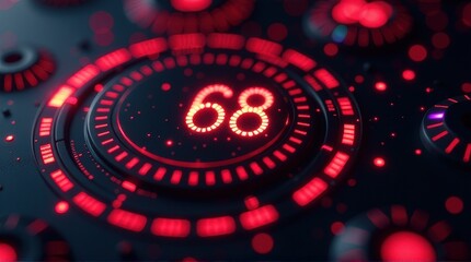 Futuristic red digital interface with glowing numbers and circular patterns.