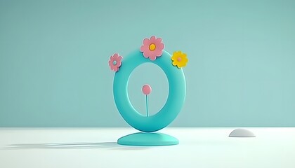 Abstract, light blue circular form with flowers.