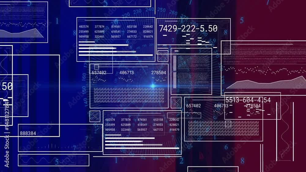 Aufkleber displaying futuristic dashboard showing translucent data panels with code windows, numeric readouts