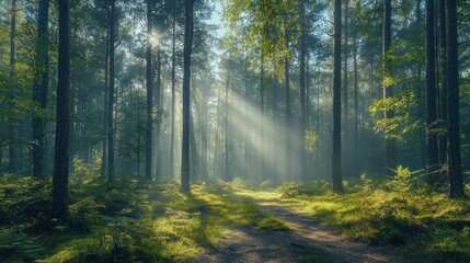 Naklejka premium Sunlight streams through misty forest path (1)