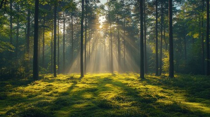 Fototapeta premium Sunlight streams through misty forest (2)