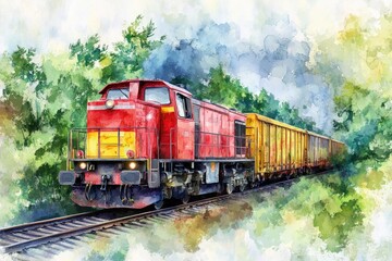Red train through lush forest