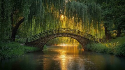 Stone arch bridge over tranquil water, bathed in golden sunlight filtering through weeping willows