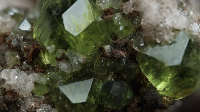Closeup view of vibrant green olivine crystals intergrown with white calcite and brownish inclusions in a mineral specimen