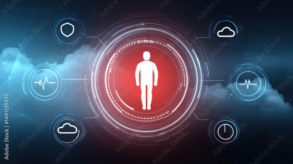 Poster a digital interface with a human icon at the center, surrounded by technology and health-related ico
