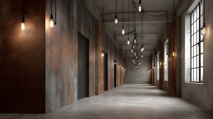 Naklejka premium Stylish urban loft corridor features distressed wooden flooring and industrial fixtures for modern minimalistic appeal