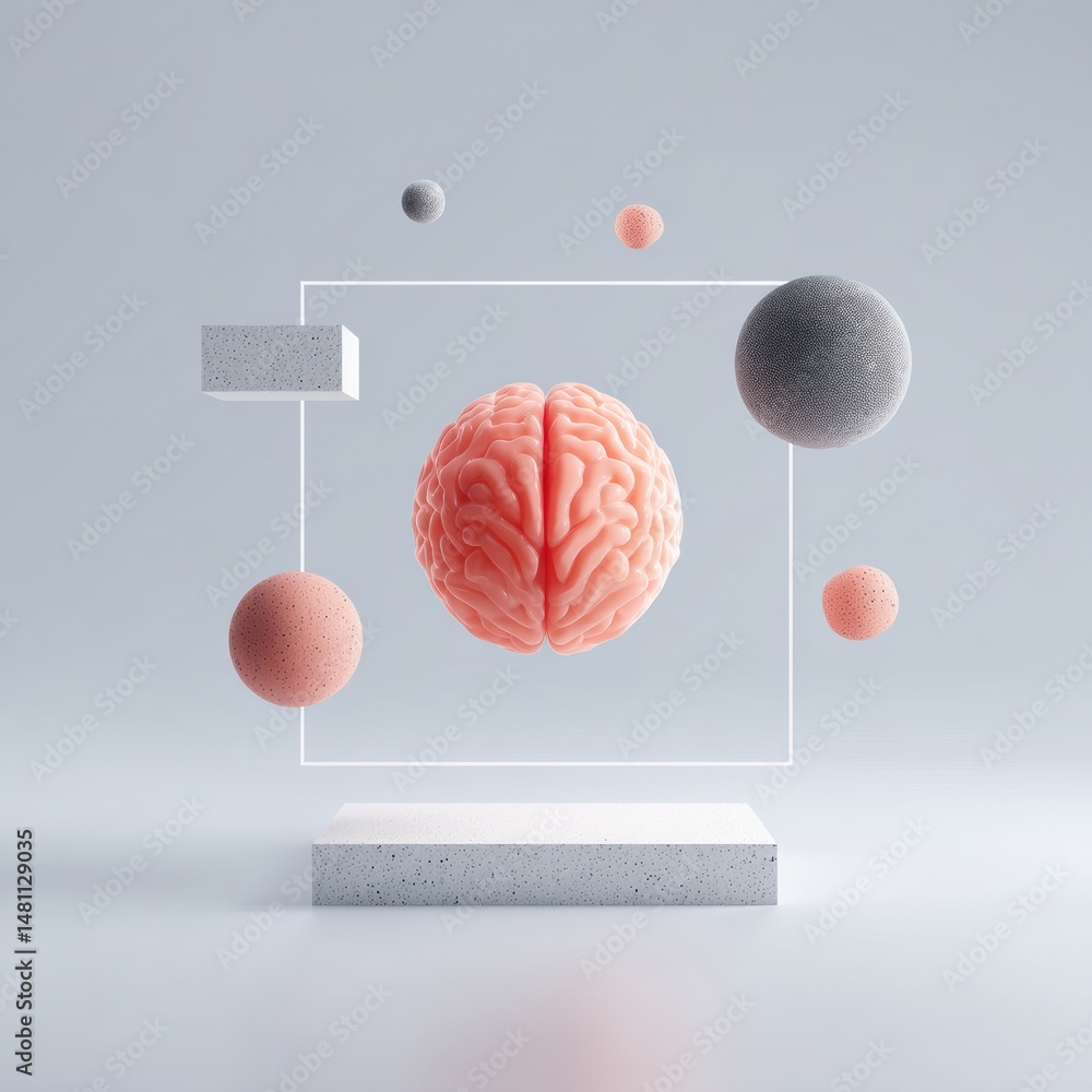 Poster a floating brain surrounded by geometric shapes and spheres in a minimalist, futuristic setting.