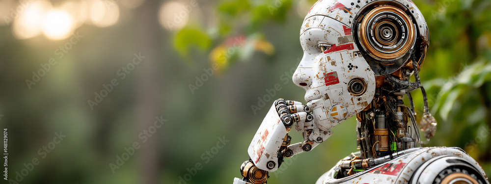 Poster close-up 3d rendering of a futuristic humanoid robot with a thoughtful expression, its hand gently t