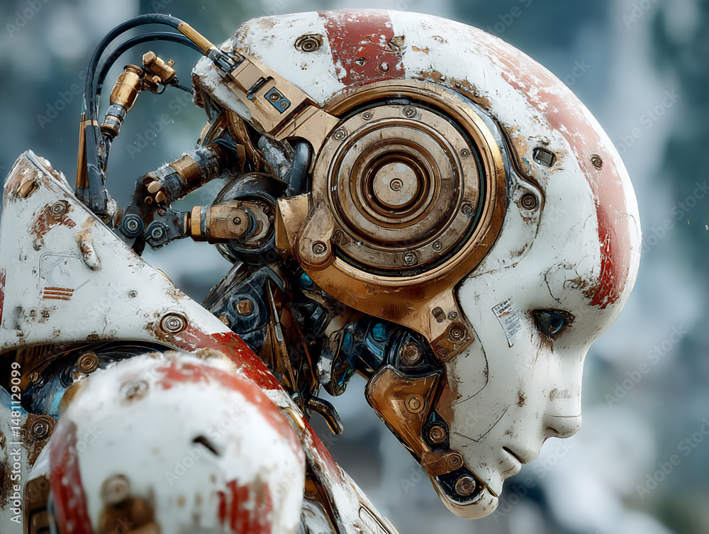 Poster close-up 3d rendering of a futuristic humanoid robot with a sad expression, its head slightly bowed,