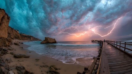 Turquoise lightning bolt strikes over golden horizon creating mesmerizing natural light display with vivid contrast