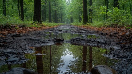 Obraz premium Muddy forest path reflecting trees in a puddle