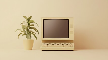 Vintage computer setup featuring a retro monitor and keyboard with plant