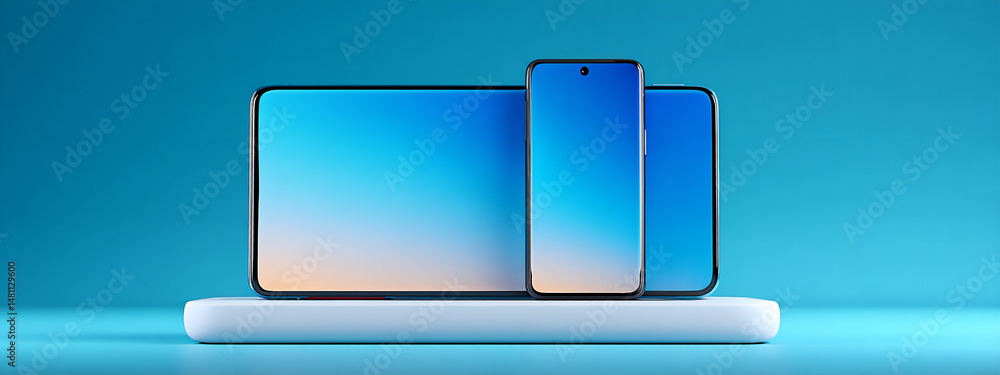 Poster minimalist 3d rendering of a black smartphone and a smartwatch with matching blue gradient screens c
