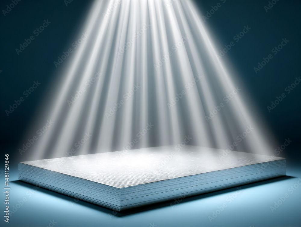 Poster minimalist 3d rendering of a white rectangle representing a smartphone resting on a thin blue rectan