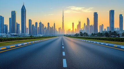 Fototapeta premium Empty road leading to a city skyline at sunrise