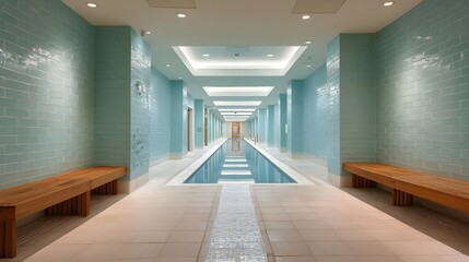Empty luxury spa pool corridor with aquarium windows frames tranquil underwater scenes alongside relaxation amenities