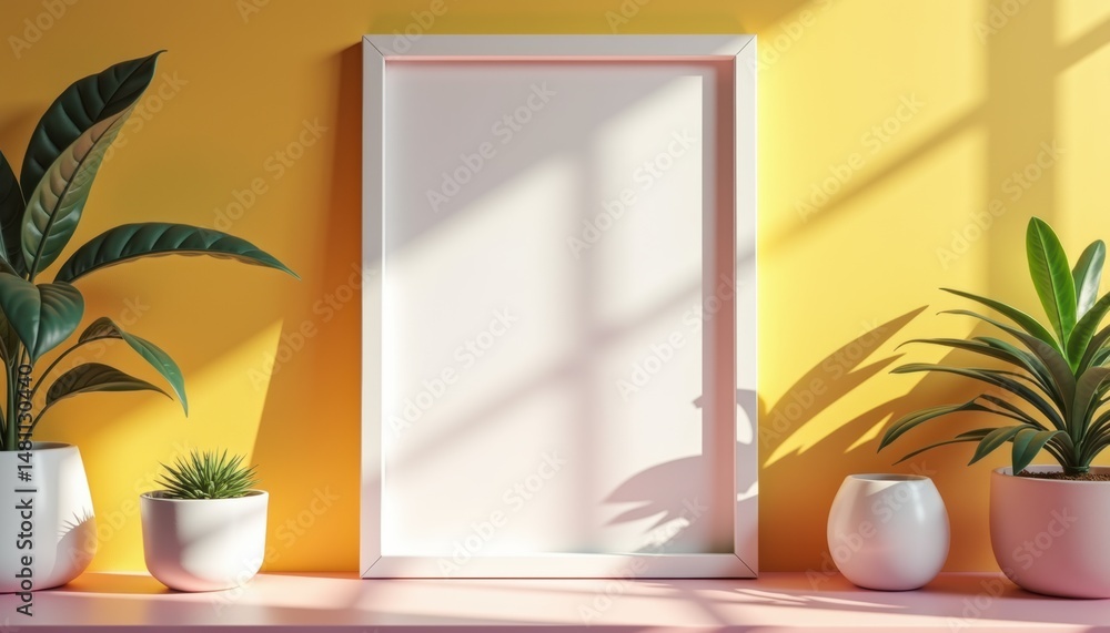 Poster minimalist wall with empty frame and green plants in sunlight