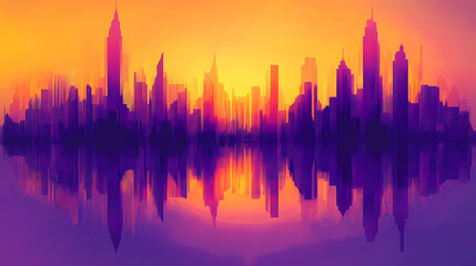 Obraz premium Gradient radiant fusion: a dance of purple and orange. [Mirrored Realms] | Clone Horizon | repeated skyline. Illustration