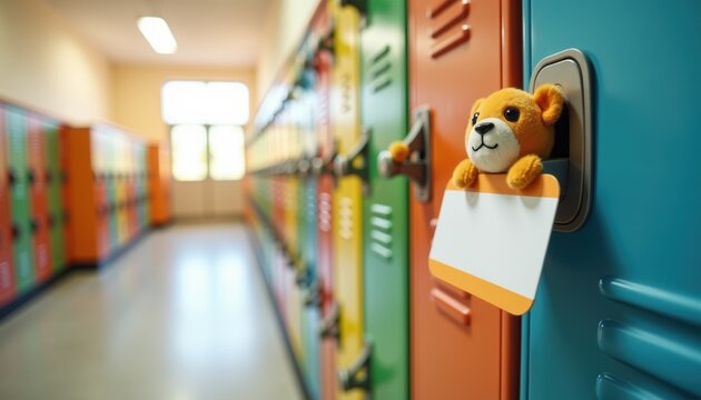 Colorful school lockers with a plush toy hanging in a hallway - Powered by Adobe