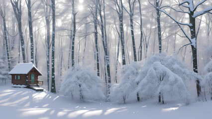 Illustration captures a sun-drenched winter forest. A rustic cabin sits beside a partially frozen stream. Sunlight filters through snow-laden bare trees, illuminating the serene landscape.