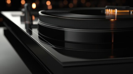 Sleek black turntable with vinyl record, creating an intimate and sophisticated audio experience