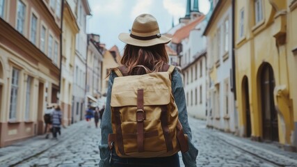 Woman with Backpack Exploring Cobblestone Street in European City