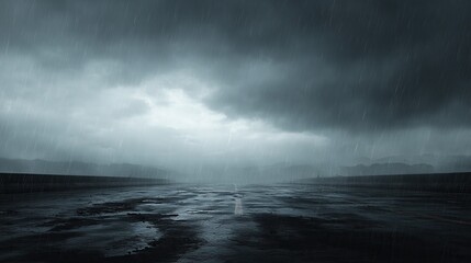 Dark Stormy Atmosphere: A captivating scene of a gloomy, rainy day, with a vast, open landscape under a dark, ominous sky, evoking a sense of solitude and raw natural power. 