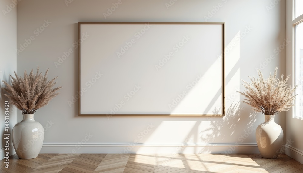 Poster minimalist interior with empty frame and vases in natural light