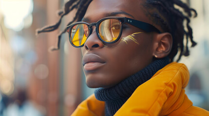 Stylish portrait of young man with reflective glasses and yellow jacket