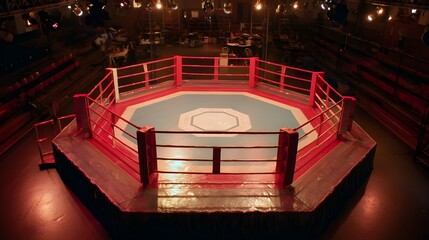 Regulation size octagon ring with padded barriers stands ready for martial arts competitions, spectator excitement