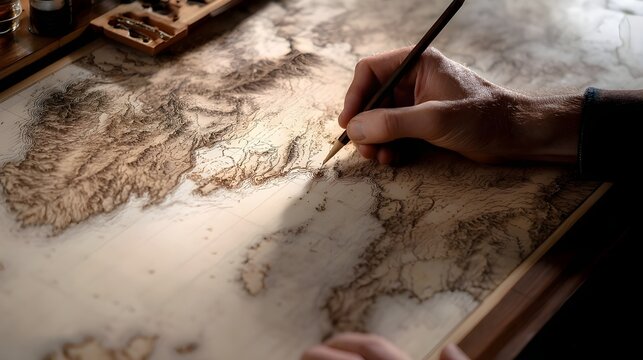 Detailed Map Under Plotting on Cartographer’s Table Featuring Geographic Survey Tools and Precise Topographic Annotations