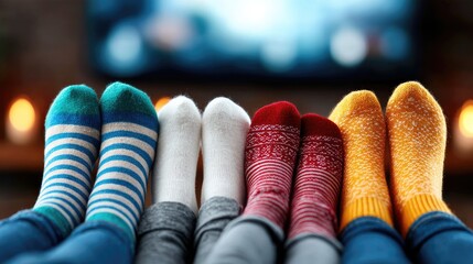 Cozy feet in warm socks near a television.