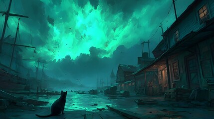 Fototapeta premium Watch a Cat Padding Through Flooded Market Ruins Revealing Urban Decay Amid Reflective Water Scenes
