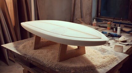 Custom surfboard shaped on foam stand demonstrates precision craftsmanship tailoring wave performance to individual surfers