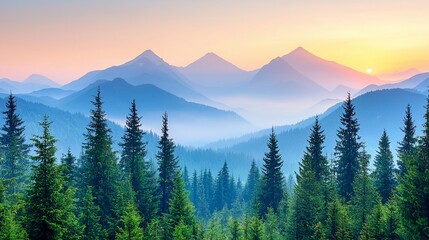 Fototapeta premium Serene sunrise over misty mountain range, silhouetted evergreen forest in foreground