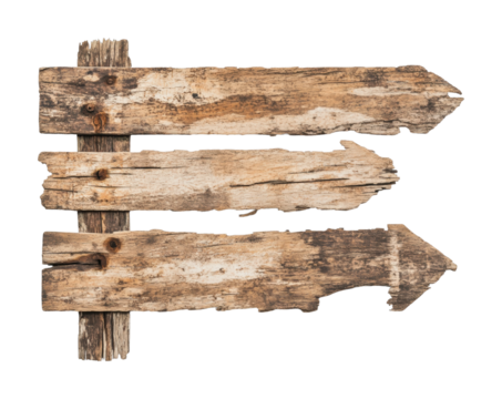 Rustic wooden directional signpost with three pointing arrows, cut out - stock png.