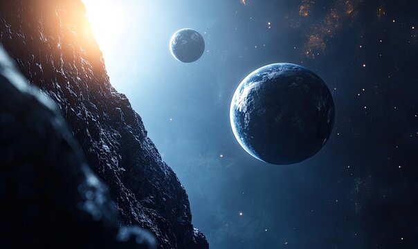 Two planets orbit a distant sun, shrouded by a rocky asteroid field