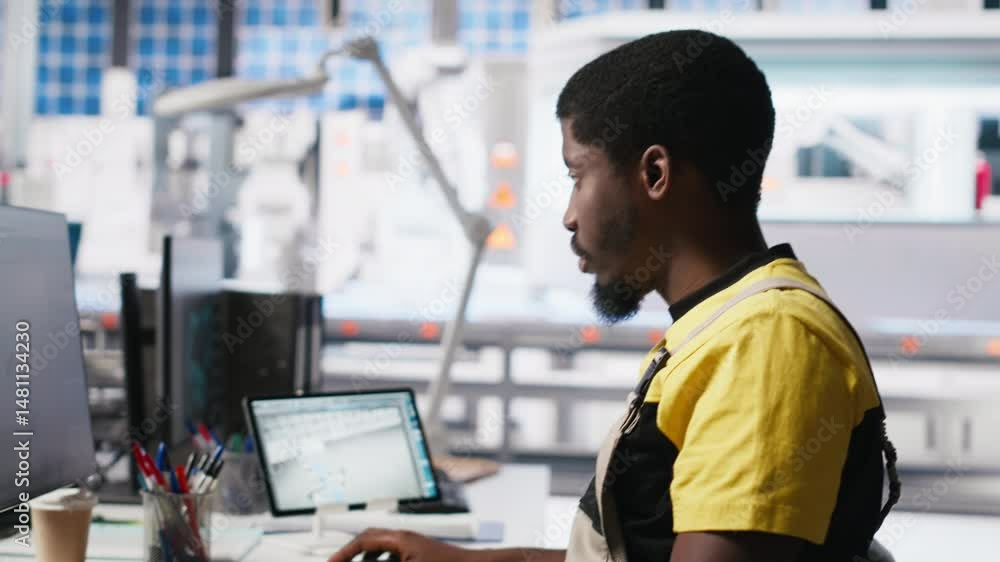Poster black worker programming robotic assembly line in solar cell factory, working with high tech softwar