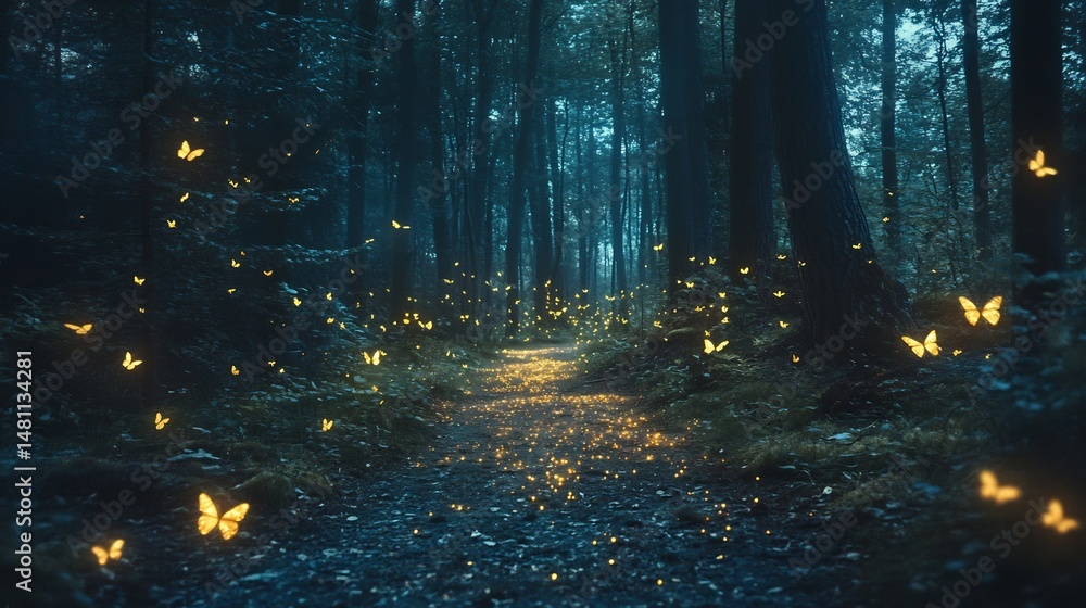 Poster glowing bioluminescent butterflies fluttering through darkened forest their wings creating a soft li