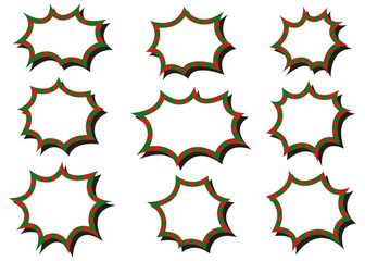 トゲトゲの吹き出しセット、ストライプ柄、クリスマスカラー、影付き	