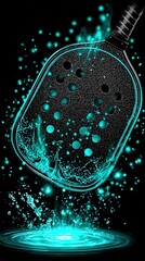 Striking Neon Blue Illuminated Paddle Artistic Splash Effect Abstract Design for Pickleball Posters Wallpapers and Dynamic Sports Backgrounds High Contrast Art