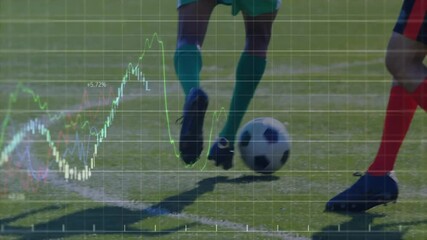 Male athletes contesting ball on grass pitch, featuring finance candlestick chart with line graphs - Powered by Adobe