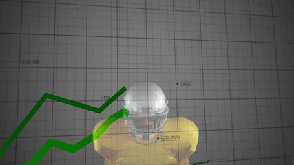football player wearing helmet analyzing finance charts on grey grid overlay with numeric data - Powered by Adobe