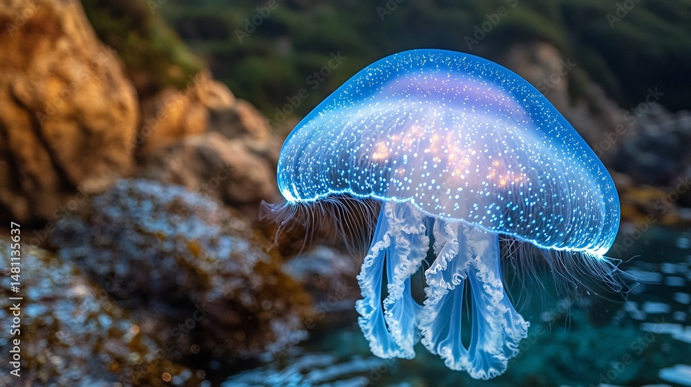 Poster glowing bioluminescent jellyfish drifting the ocean casting soft glowing light across the dark sea c