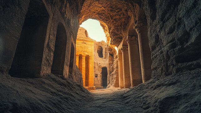 Ancient rock cut temple interior sunlight columns architecture