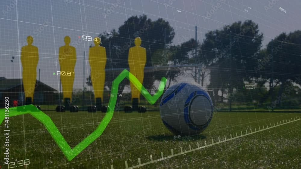 Poster soccer player striking ball on turf by dummies displaying sports analytics line graph and stats
