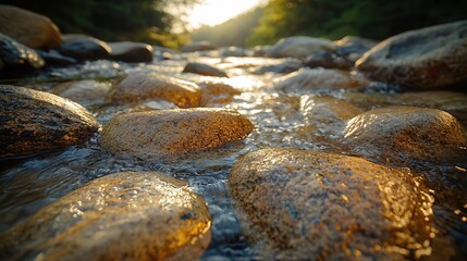 Fototapeta premium Creekbed stones with sparkling water movement between smooth golden-brown river rocks, forest-filtered sunlight creating natural texture pattern perfect for nature-inspired design backgrounds