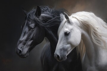 Two magnificent horses, black and white, in a contrasting close-up portrait.