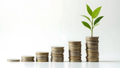Stacks of coins growing in height beside a tiny tree growing from the top coin, symbolizing economic growth